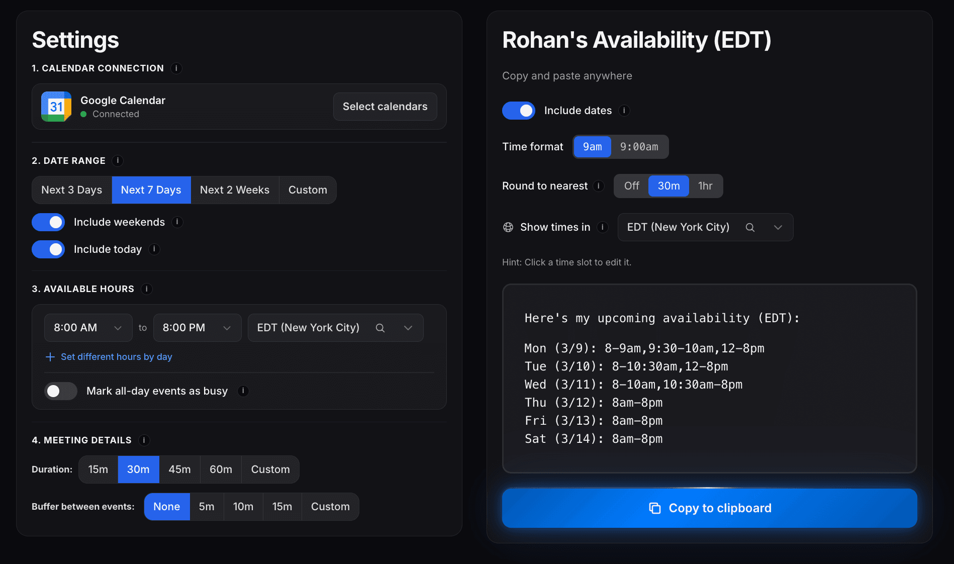 ShareAvailability settings and output preview