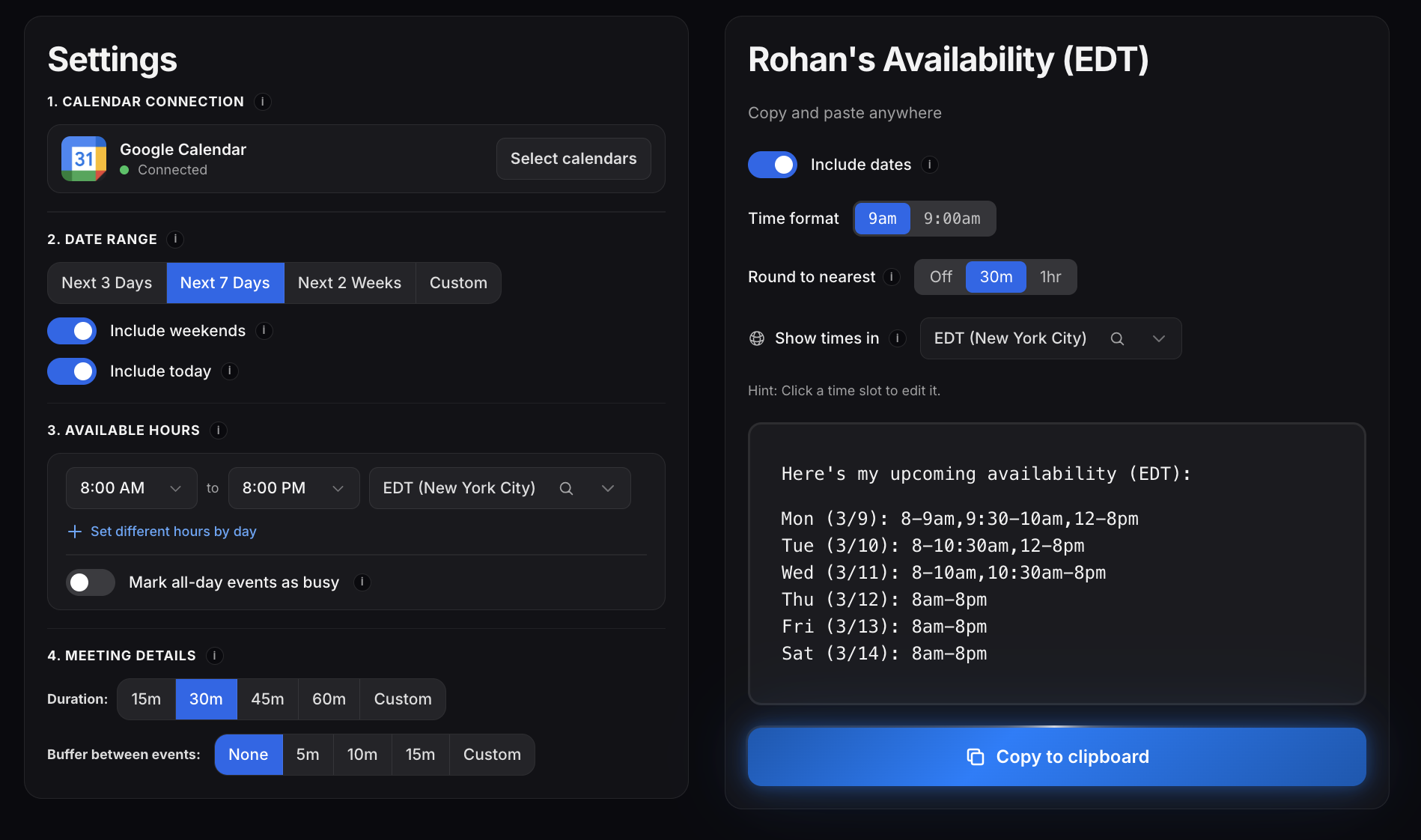 ShareAvailability settings and output preview